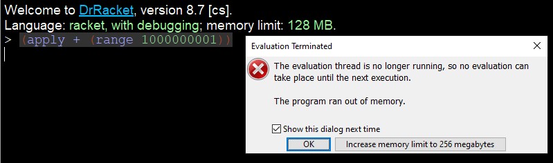 Memory Error in DrRacket executing the naive approach